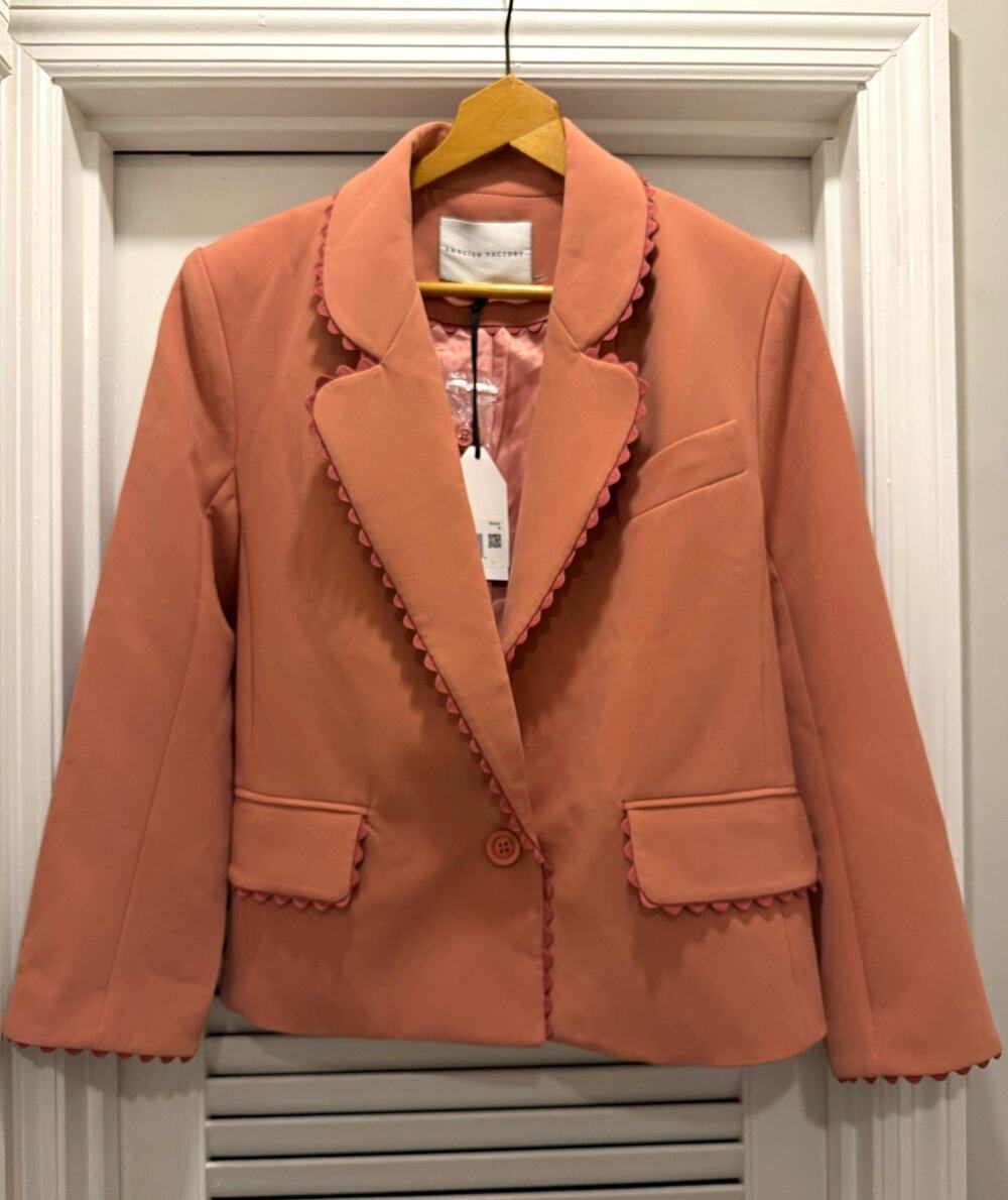 English Factory Womens Medium Coral Pink Blazer Scallop Trim One Button NWT